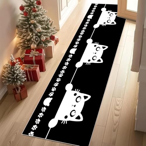 Meugesoi Karikatur Katze Teppich Läufer 60x150 cm Pfotenabdrücke Tierdruck Teppiche rutschfest Waschbar Bettumrandung Schlafzimmer, Teppichläufer für Küche, Flur, Eingangsbereich