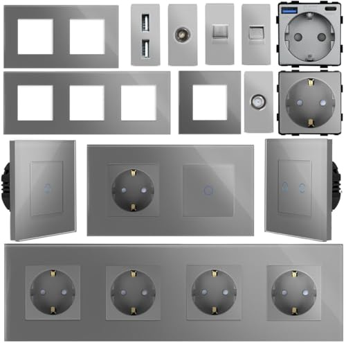 WLAN Touch Lichtschalter Wechselschalter Dimmer Serienschalter Steckdose | LED beleuchtet | Alexa/Google Home kompatibel | Glasrahmen | Grau | LUXUS-TIME (Rahmen 3-Fach)