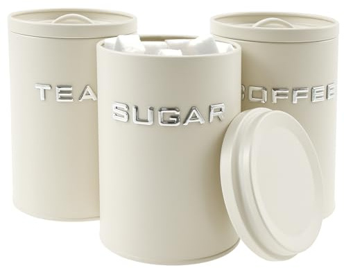 3Pcs Tea Coffee Sugar Canister Set,Round Food Storage Containers,Metal Canister Storage Jar with Airtight Lid and Handle,Multi-Purpose Canisters Sets Decorative Food Caddy for Kitchen Counter(White)