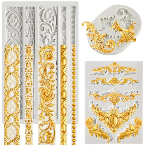 JOERSH 3PCS Baroque Silicone Molds Scroll Border Mold Baroque Clay Mold Fondant Molds for Wedding Birthday Cake Decorating, Chocolate, Sugar, Clay Crafts