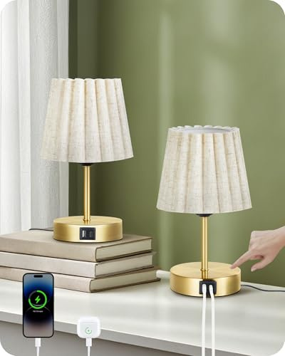 GOEBELSON Bedside Lamps Set of 2, Touch Table Lamp for Bedroom, Living Room | Touch Lamps Bedside with USB A+C Charging Ports, Dimmable Bedroom Lamp with 2700K Warm Light for Dorm, Office(Bulbs Included)