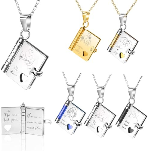 Collana personalizzata con libro dell'amore,Collana con libro di 10 pagine con foto e testo incisi su misura,Ciondolo apribile adatto alle ragazze,Ciondolo regalo da mamma e papà alla figlia（Argento）