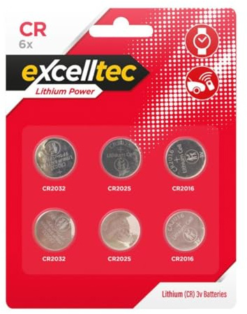 Excelltec Lithium Power Coin Batteries - Assorted, 3V, CR2032, CR2025, CR2016 Flat Batteries, for Scales, Watches, Remote Controls, and Small Electronics - Pack of 6