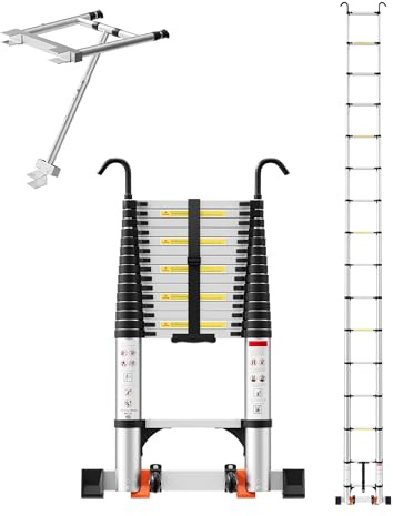 SEEKNEW 20.3 FT Telescoping Ladder,Aluminum Extension Ladder with Hooks and Stabilizer Bar& Wheels,330 lbs Max Capacity CE ANSI Certified Multi-purpose Portable Collapsible Ladder for Home,Work Silver