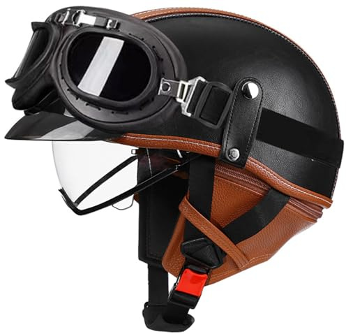 Herren Damen Retro Jethelme,Motorrad Helm Motorrad Halbhelme Retro Halbschalenhelm DOT/ECE-Zugelassen Moped Helme Motorradhelm Mit Schutzbrille Für Bike Mopeds Scooter