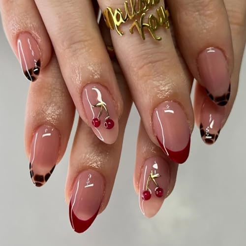24 Stück French Tip Mandel Press on Nails, Rosa Fingernägel zum Aufkleben mit 3D Kirsche, Elegant Acryl Full Cover Künstliche Nägel, Natürlich Wiederverwendbar Falsche Nägel für Frauen Mädchen