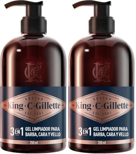 King C. Gillette Gel 3 en 1 para Barba, Rostro y Pelo Hombre con Agua de Coco, Aceite de Argán y Aceite de Aguacate, Limpia e Hidrata, Aroma Refrescante, Cuidado de La Barba, 350 ml (Paquete de 2)