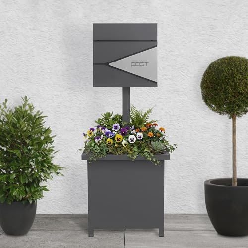 ML-Design stående brevlåda antracit-silver med planteringslåda tidningsfack låsbar 2 nycklar väderbeständig stål brevlådestativ för hus trädgård entré modern hållbar elegant stilren