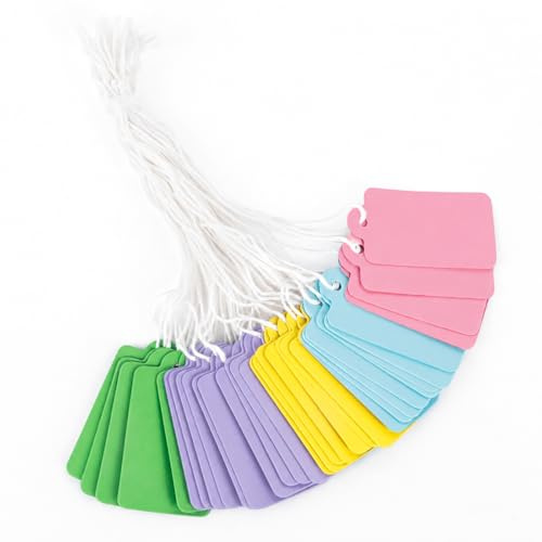 jijAcraft 200Pcs Colored Price Tags with String: 45x25mm Small Display Tags | Pre-Strung Colourful Gift Label Paper Luggage Labels for Marking Jewelry, Clothing, Parcel, Display Price, DIY Crafts