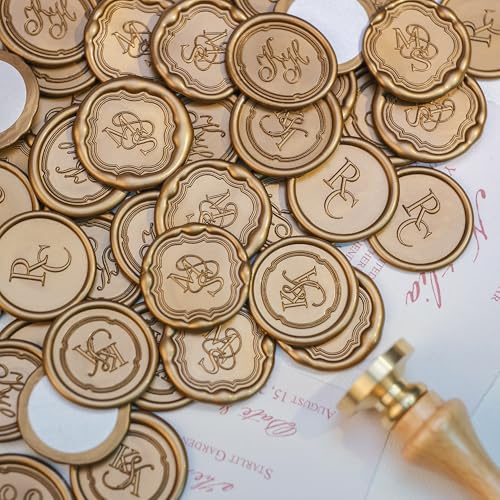 Wachssiegel-Aufkleber personalisiert mit Logo, Initialen und Rahmen | Selbstklebende Rückseite; viele Farben und Schriftarten; für Einladungen, Umschläge und Gastgeschenke