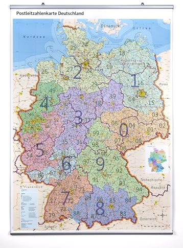 XL Postleitzahlenkarte Deutschland magnethaftend mit Metallleisten und Laminierung, beschreibbar, für Magnete geeignet, 100 cm x 142 cm