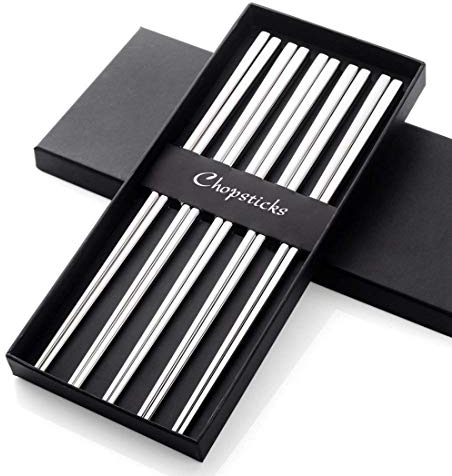 5 Pairs Chopsticks Silver 304 18/10 Stainless Steel Reusable Metal Chopsticks Hollow Square Shape for Sushi Dinner Tableware Set