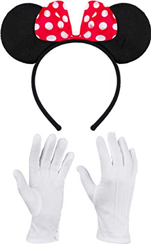 Balinco Haarreifen in schwarz mit Maus Ohren Mouse mit Schleife in rot mit weißen Punkten inklusive weiße Handschuhe für Kinder & Erwachsene