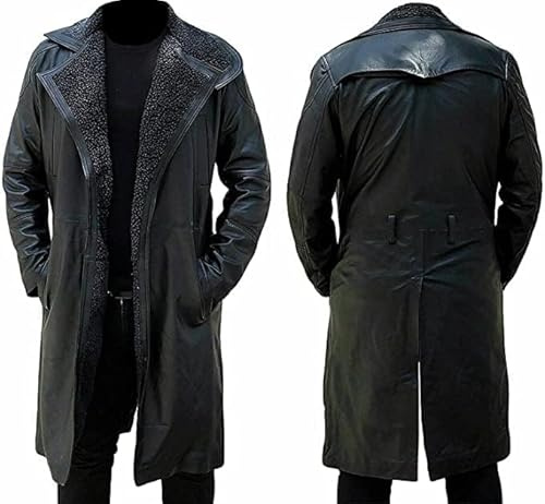 NEW GERMAN CLASSIC WW2 BLACK FULL FAUX FUR REAL SHEEPSKIN LEATHER TRENCH LONG WINTER DUSTER COAT JACKET FOR MEN (3x LARGE) (D4U-TGWC)
