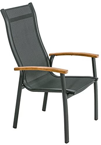 Dehner Stapelstuhl Chicago Wood, schwarz, 108.5 x 66 x 75 cm | mit Armlehne, Aluminium / FSC®-zertifiziertes Teakholz / Textilene