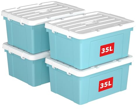 Cetomo 35L*4 Caja de Almacenamiento con Asa, Caja de Plástico con Tapa y Cierre Seguro, Contenedor de Almacenamiento Grande, Duradera, Apilable, Resistentes, Azul, Paquete de 4 de 35L
