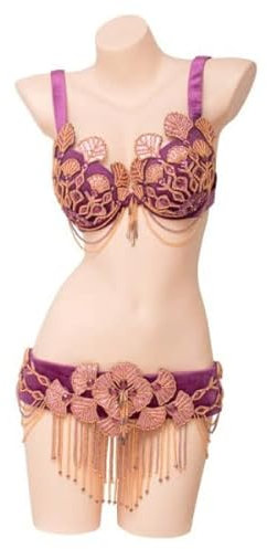 JRUIA Bauchtanzkostüm Mit Fransen Für Damen Samt Tribal Bauchtanz BH Und Gürtel Set BH Top Karneval Halloween Hüftgurt Outfit Sexy Professioneller Tanzanzug (2 Stück),Lila,M