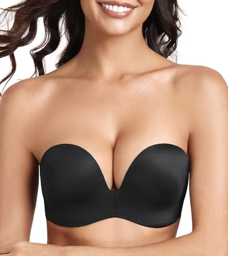 Lemorosy Push up Strapless Bra Women's Anti-Slip Invisible Seamless Wireless Lift Support(Black,36A)
