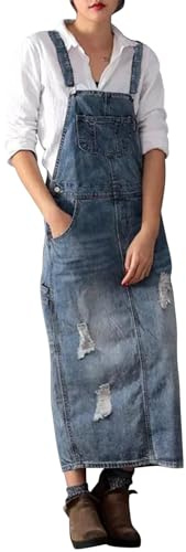 Womens Vintage Classic Suspender Long Denim Skirts Washed Distressed Dungarees Dress Skirts Ripped Holes Pinafore Overalls(UK 16/Tag 3XL,Light Blue)