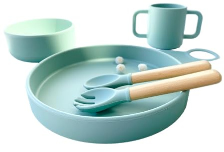 Set repas pour enfant et bébé bleu ciel - Idéal comme cadeau de naissance anniversaire ou bapteme - Cadeau original pour bébé - 5 pièces avec verre, bol, assiette avec couverts et set de table