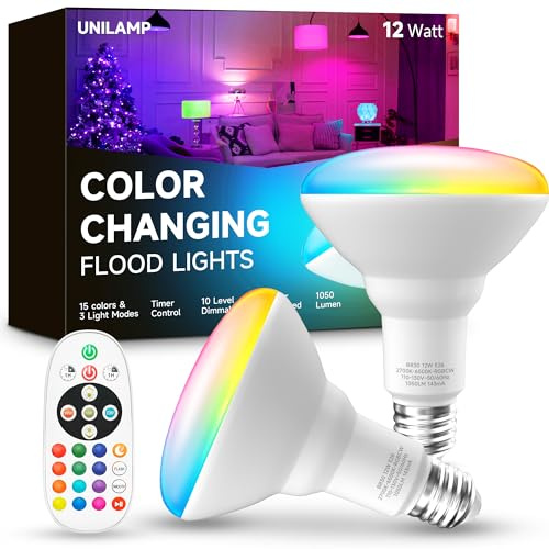 UNILAMP BR30 Color Changing Light Bulb, LED Flood Lights 12W Dimmable, 100W Equivalent, RGB+2700K+4000K+6500K, Remote Control, 1050LM, E26 Multi-Color Can Light Bulbs for Ceiling, 2 Pack