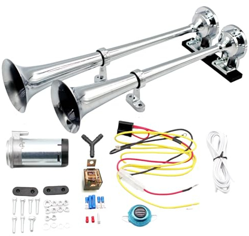 YIYIDA Lufthupe LKW Horn Autohupe Lautsprecher 12V Chrom Zink Elektrisches Horn Car Air Horn Trompete Silber High und Low Ton Doppelrohr mit Luftpumpe Car Horn für 12V Auto LKW Moto Yacht etc