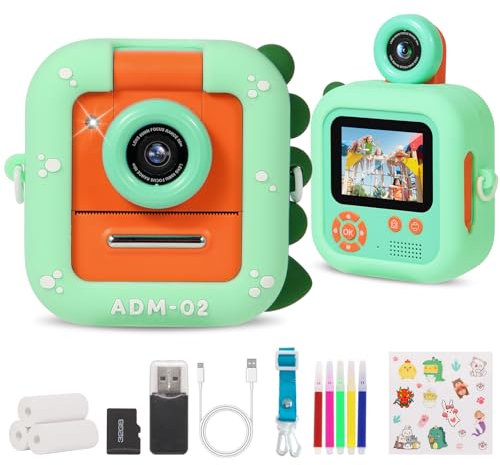 Appareil Photo Instantané Enfant, ZUEOKAI 2,4 Écran, 180° Objectif et 3 Papier Photo Imprimé, 32 GB Carte, Appareil Photo Numérique Enfant pour Silicone Étui, Cadeau Enfants Fille Garcon 3-12 Ans