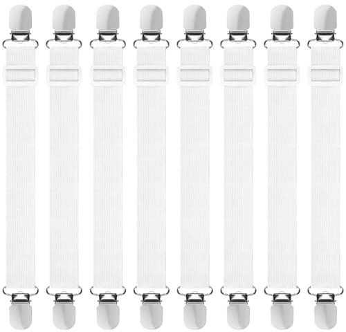 Hanyousheng 8 Pcs Bed Sheet Clips, 30 cm-130 cm Adjustable Bed Sheet Straps Elastic Sheet Clips, Sheet Grippers and Mattress Straps for Bedding, Mattress Covers, Bed Sheets, Sofa Cushion(White)