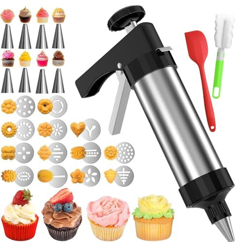 JODAIS Stainless Steel Cookie Press Gun Kit, Biscuit Maker Gun with 13 Discs & 8 Nozzles, Cake Icing Decorating Set, Cookie Press Pump Machine Biscuit Maker Set