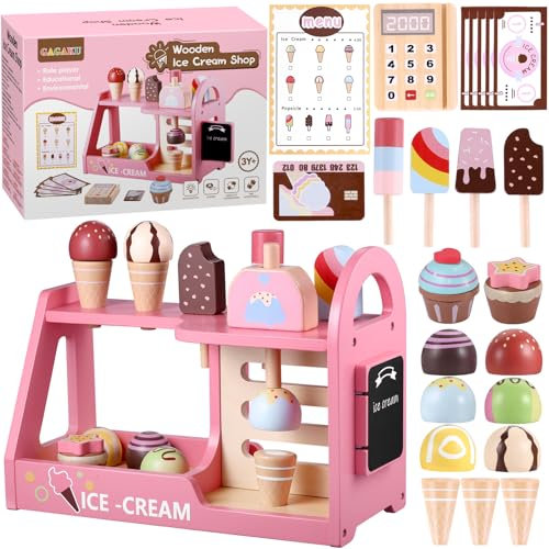GAGAKU 24 Stück Hölzernes Eiscreme Spiel Set - Pretend Play Küche für Kleinkinder - Eiscreme Shop Playset - Geschenke für 3-8+ Jahre Mädchen Jungen