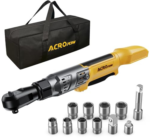 ACROPOW Llave de carraca inalámbrica de 3/8 pulgadas, compatible con batería DEWALT de 20 V, carraca eléctrico de 74 pies Lbs sin escobillas con velocidad variable, juego de enchufes, adaptadores y