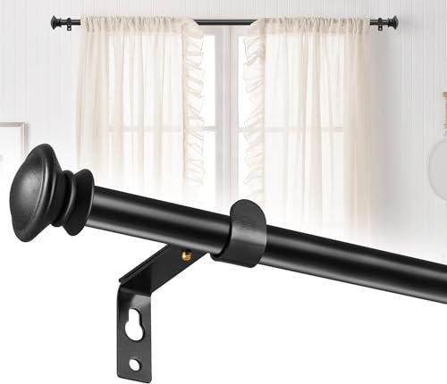 16mm Gardinenstange Schwarz mit Halterungen und Designer-Endkappen,Gardinenstange Wandmontage, 67-187cm, Längenverstellbare Edelstahl-Gardinenstange für Schlafzimmer, Küche