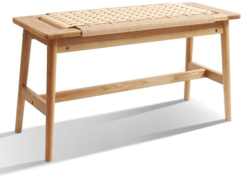 OGMILL 33.5 L Wood Dining Bench Indoor, 100% Natural Solid Oak Bed Bench Hand Woven Enterway Bench Small Bench for Dining Room, Bedroom, Kitchen (Natural)