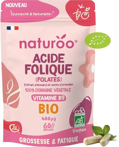 Acide Folique - Folates Bio (Vitamine B9) - Végétal & biologique - 60 Gélules Vegan (2 mois) - Grossesse, Fatigue, Immunité, Fonctions Psychologiques - Fabriqué en France
