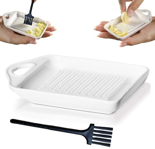 Rallador de cerámica, rallador de jengibre de cerámica, rallador de ajo, rallador de cerámica con cepillo para cocina familiar, puré de manzana, limón, jugo de jengibre, molienda, 11 x 6,8 cm, blanco