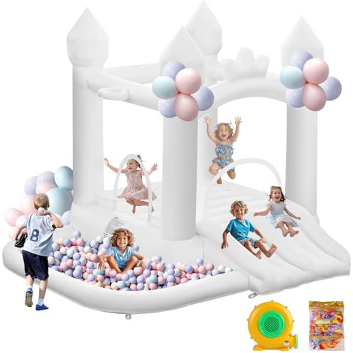 white bouncy castles for children inflatable white bounce house 323 ×284 ×223 cm with Double Slide Trampoline Ball Pit Air Blower for Indoor Outdoor Backyard Wedding Kids Birthday Party