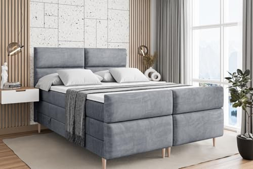 ALTDECOR Boxspringbett mit Holz Füßen, Matratze und Lattenrost, Topper, Fußteil, Polsterbett mit Bettkasten, Bett mit Stauraum H3- und H4- Matratze -BOXI3-FD-Z KING-160x200 - Grau Casablanca