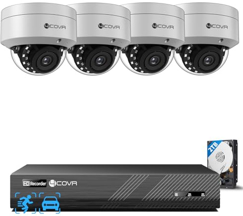 4COVR PoE CCTV Camera Systems 5MP, 4X 5MP Security IK10 Vandal-Proof Dome IP Camera with Mic, AI Human Vehicle Detection, 8CH 8MP H.265 NVR with 2TB HDD, IP67 Home Weatherproof Outdoor, ELY54AX5M0804