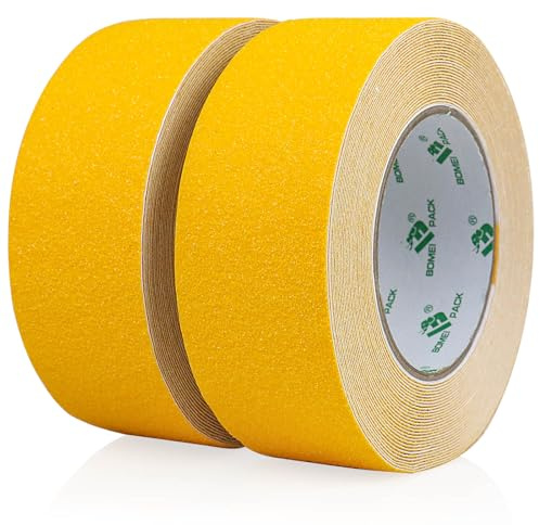 BOMEI PACK 2 Rollos 5cmx10m Amarillo Cinta Antideslizante Adhesiva Cinta de Seguridad Alta Tracción Fuerte Apretón Abrasivo Tiras Antideslizantes para Interiores y Exteriores, Escalones y Suelos