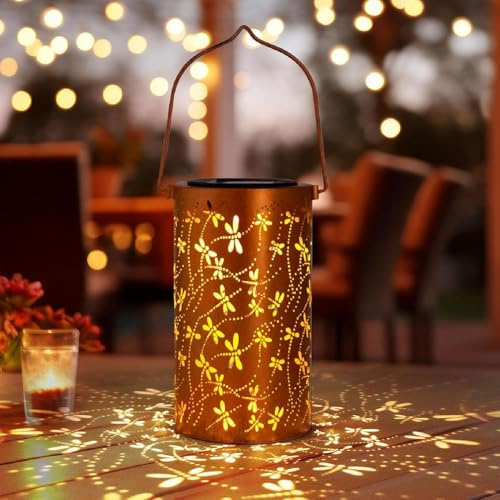 Lanterne Solaire Extérieure en Métal, Style Libellule, IP44 Étanche, LED Blanc Chaud, Décoration de Jardin Lumineuse, Lampe Suspendue pour Patio et Terrasse