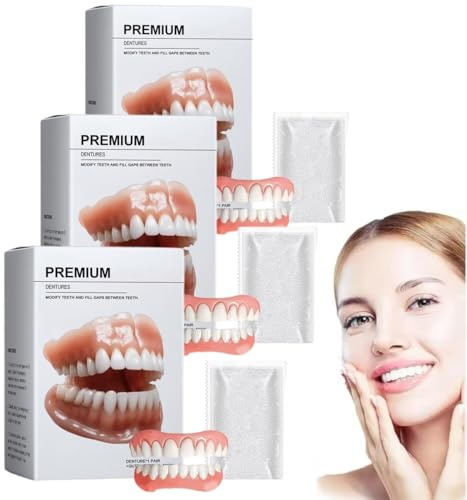 Premium-Vollprothesen-Set, Fortgeschrittenes Vollprothesen-Set, Silikon-Unterfütterungs-Set, Ober-/Unterkiefer-Set für Männer und Frauen (3 Satz)