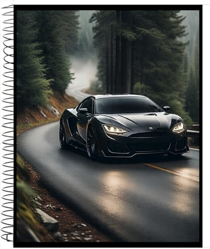 Car unrulled 140 pages A4 size with stories and games Luxury Sports Car, Black, LED Headlights, Aerodynamic Design, Forest Road Photography