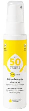 Biofficina Toscana Sonnenmilch Spray für Gesicht und Körper SPF50, 100 ml - sehr hoher reef-safe Sonnenschutz - mit toskanischer Bio-Milch und Königskerze - beruhigende und antioxidative Wirkung