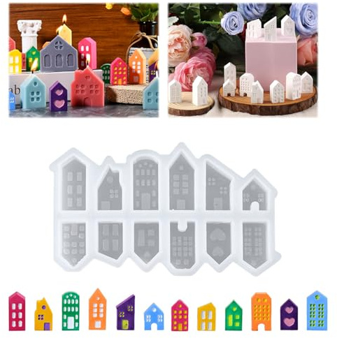 Stampi in silicone per mini case, 12 Pezzi Stampi per Colata a Forma di Casa, Stampo in Silicone per Casa, Stampi in Gesso con Calcestruzzo Creativo, per candele di cera, sapone, gesso
