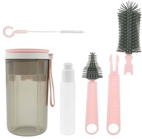 6 Pcs Portable Travel Bottle Brush Set Efficient Baby Bottle Brush Set with Soap Dispenser and Drying Rack for Home Traveling Outdoors(Pink)