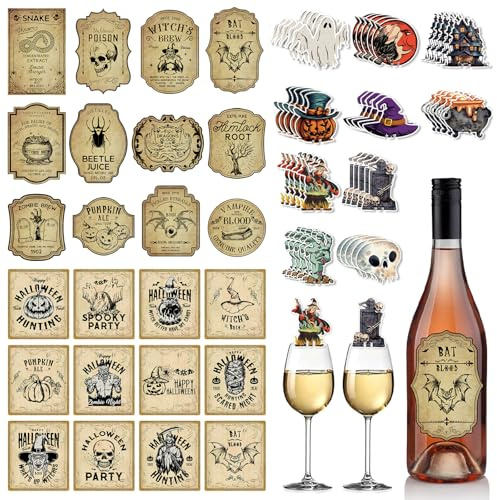TYXHXTF 124PCS Etichette per Bottiglie di Halloween, Etichette Personalizzate Halloween Wine, Decorazione per Bicchiere di Vino, Etichette Adesive per Bottiglie per Halloween Festa Decorazioni