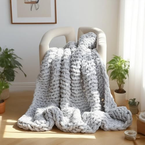QIFONIX Handmade Chunky Knit Blanket, Cosy Chenille Throw (Grey,Throw (50 x 60))