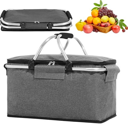 Einkaufskorb Faltbar, 18L Große Faltbarer Thermo Kühlkorb, Isolierkorb Picknickkorb mit Aluminiumrahmen & 2 Tragegriffen, Einkaufskorb mit Deckel für Picknick, Camping, Strand, Einkaufen (Grau)