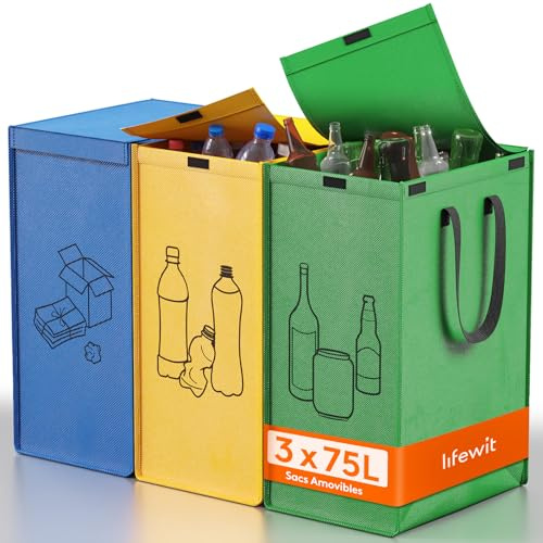 Lifewit Lot de 3 Sac Tri Selectif, Systèmes de Tri des Déchets, Poubelles Recyclage de 3 Couleurs pour Papiers, Carton, Plastiques, Verre, Bouteilles, Bac avec Couvercle pour Cuisine, Exterieur, 75 L