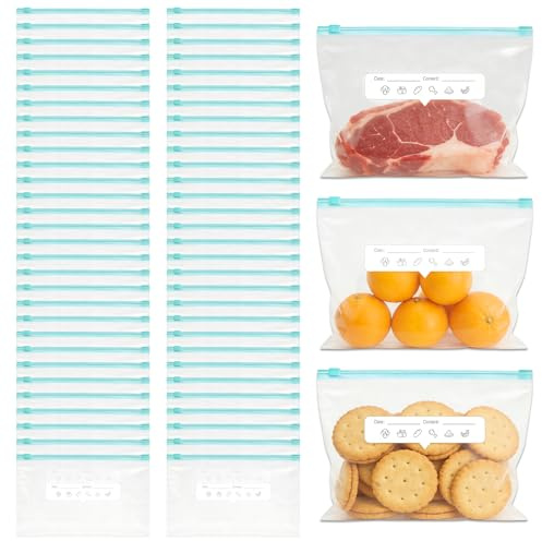 60 Pezzi Sacchetti per Congelatore per Alimenti, Sacchetti Congelatore | Sacchetti Freezer Riutilizzabili Senza BPA, per Conservare Verdure, Frutta, Snack, Sandwich, Carne, Cucina, Pesce e Pane
